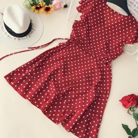 Polka Dot Ruffle Trim Wrap Burgundy Mini Dress - Picture 12 of 16